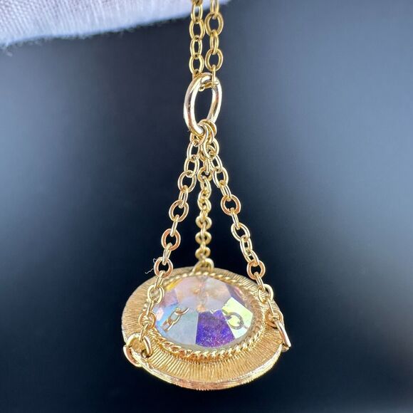 Yellow Gold Filled Round Dangle AB Crystal Pendant Chain Necklace Scale Law VTG - Picture 1 of 9